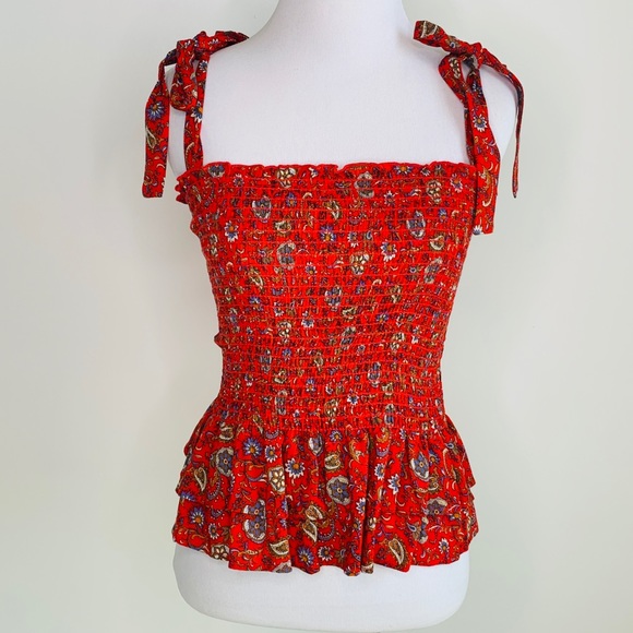 ALICE red floral smocked top tie shoulders - Picture 2 of 8